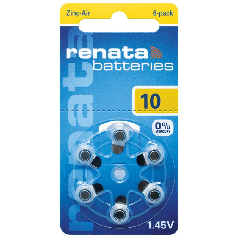 6x Renata 10 (gelb) Hörgerätebatterien Zink Luft Knopfzelle
