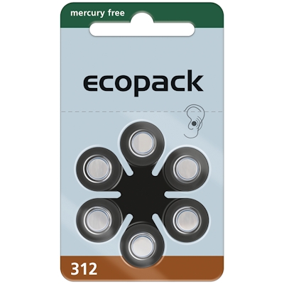 6x ecopack 312 (braun) Hörgerätebatterien Zink Luft Knopfzelle