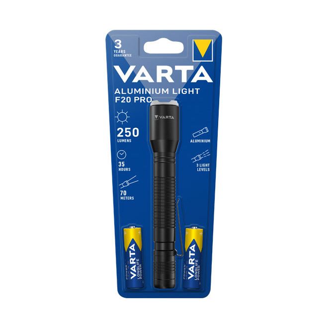 Varta Aluminium Light F20 Pro Taschenlampe mit AA Batterien LED-Taschenlampe Taschenlampe